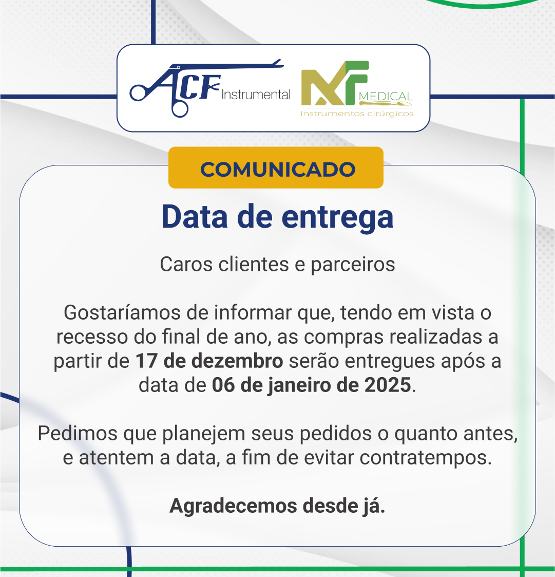 Caros clientes e parceiros  Gostaríamos de informar que, tendo em vista o recesso do final de ano, as compras realizadas a partir de 17 de dezembro serão entregues após a data de 06 de janeiro de 2025.  Pedimos que planejem seus pedidos o quanto antes, e atentem a data, a fim de evitar contratempos.  Agradecemos desde já.